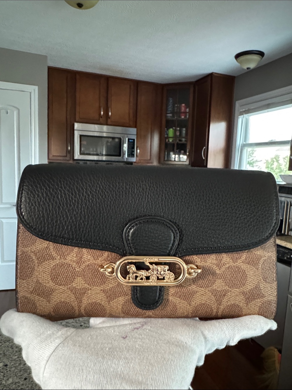 Coach Brown Signature Canvas Clutch with Black Leather and Gold Hardware